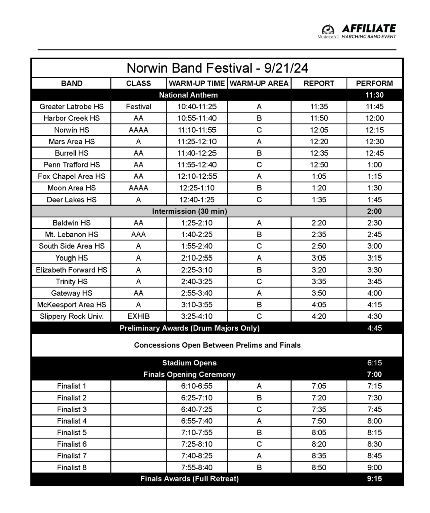 Performance schedule for the 2024 Norwin Band Festival